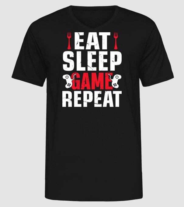 Eat sleep game repeat minta fekete pólón