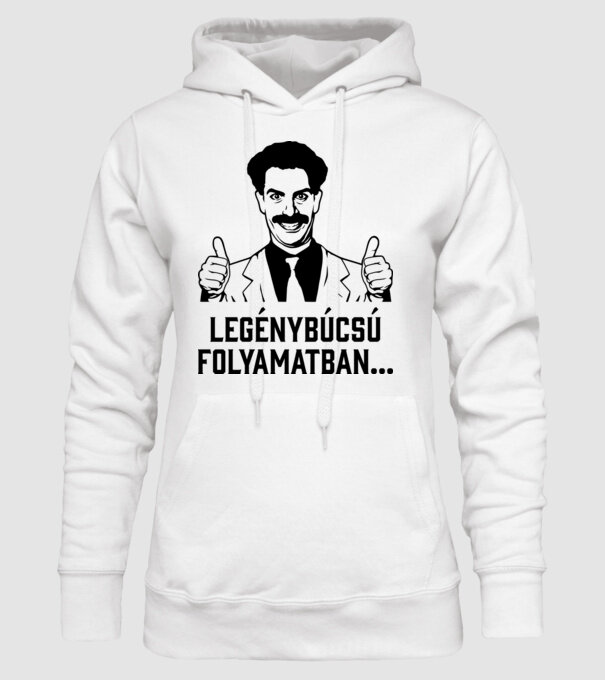 Borat legénybúcsú folyamatban minta fehér pólón