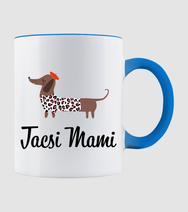 Tacsi Mami minta világoskék pólón