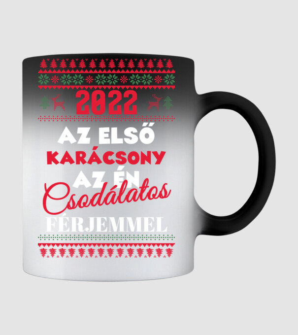 2022 az első karácsony az én csodálatos férjemmel páros póló minta fekete pólón