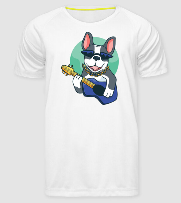 Gitáros bulldog minta fehér pólón