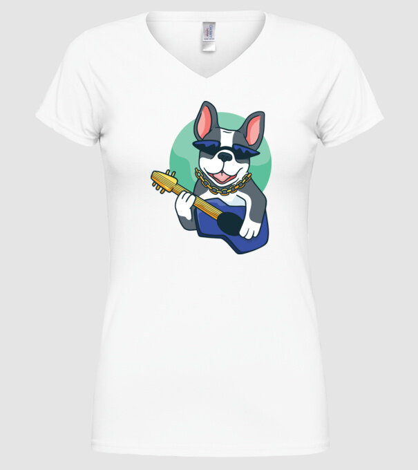 Gitáros bulldog minta fehér pólón
