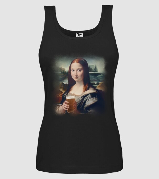 Mona Lisa sörrel minta fekete pólón