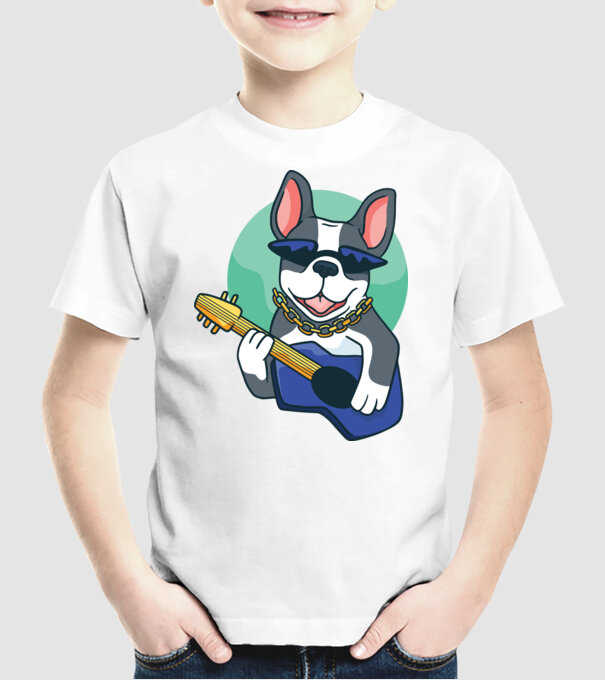 Gitáros bulldog minta fehér pólón