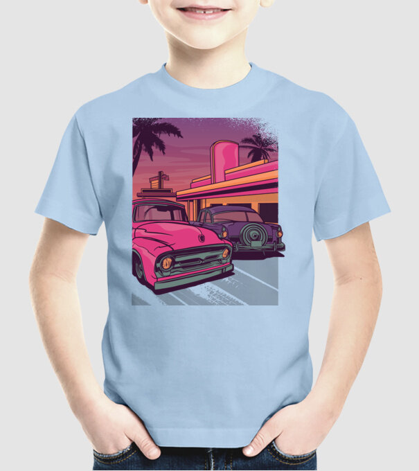 Retro kocsik minta világoskék pólón