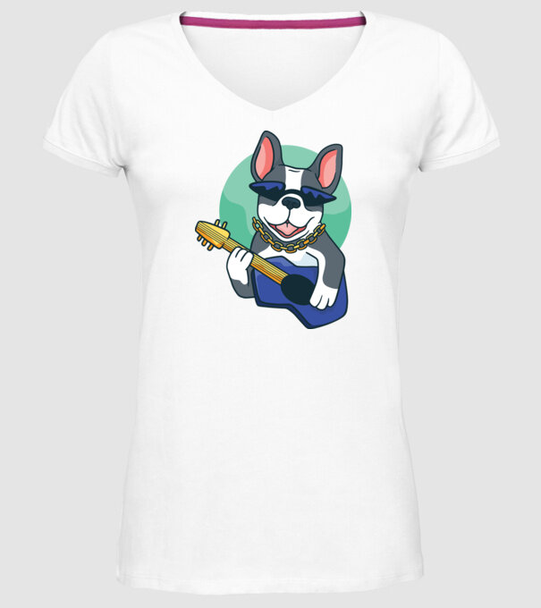 Gitáros bulldog minta fehér pólón