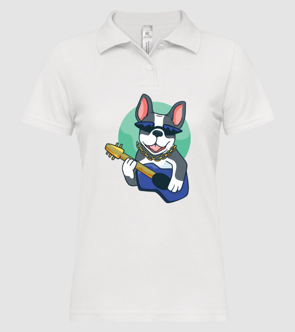 Gitáros bulldog minta fehér pólón