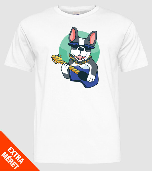 Gitáros bulldog minta fehér pólón