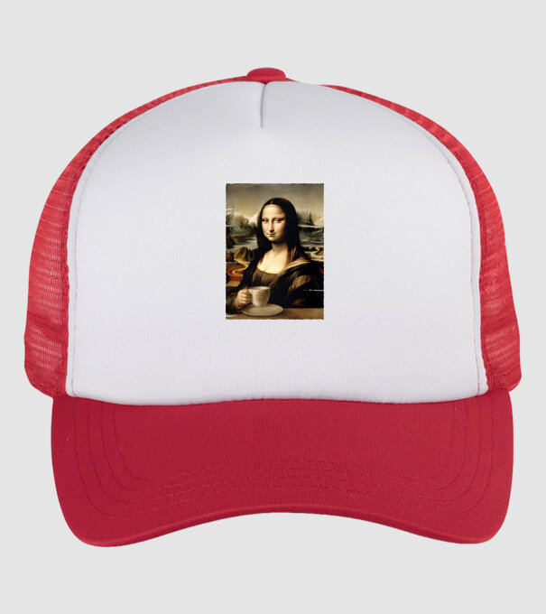 Kávés Mona Lisa minta fehér/piros pólón