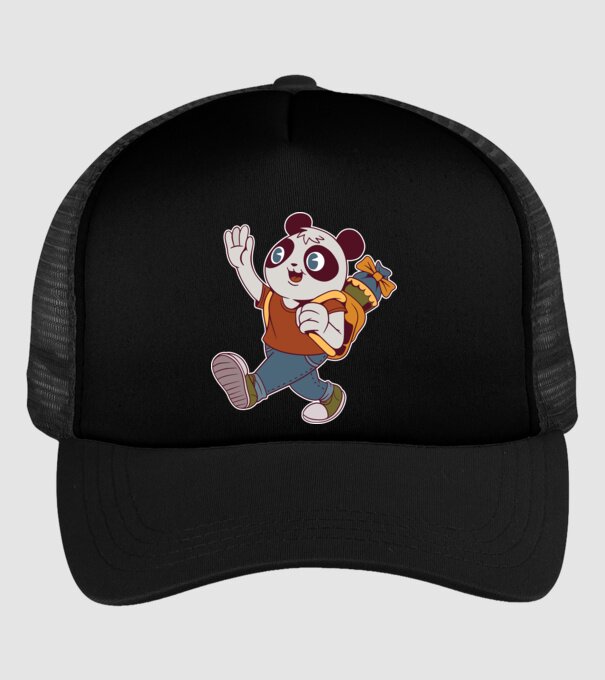 Iskolás panda minta fekete pólón