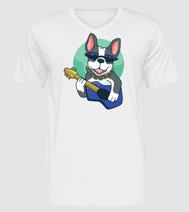 Gitáros bulldog minta fehér pólón