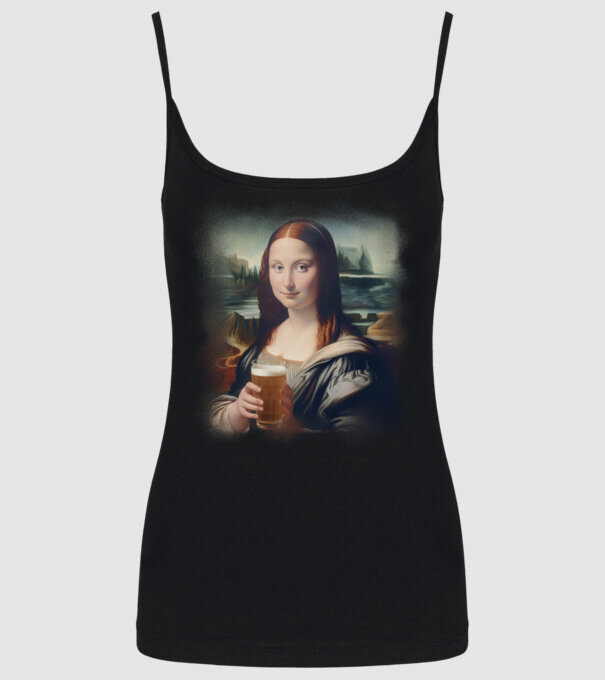 Mona Lisa sörrel minta fekete pólón