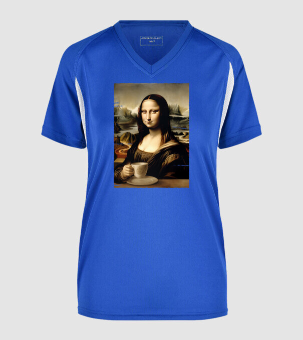 Kávés Mona Lisa minta királykék pólón
