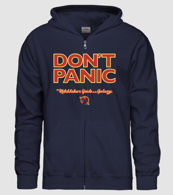 DON'T PANIC - The Hitchhikers Guide to the Galaxy minta sötétkék pólón