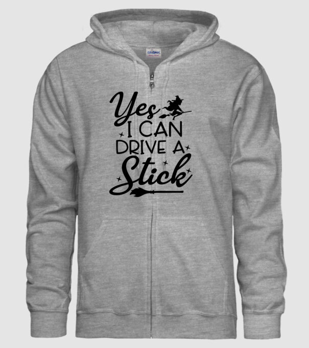 Yes I Can Drive A Stick Witch Halloween minta szürke pólón