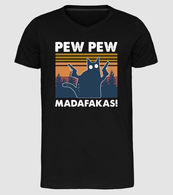 PEW PEW MADAFAKA sötét színre minta fekete pólón