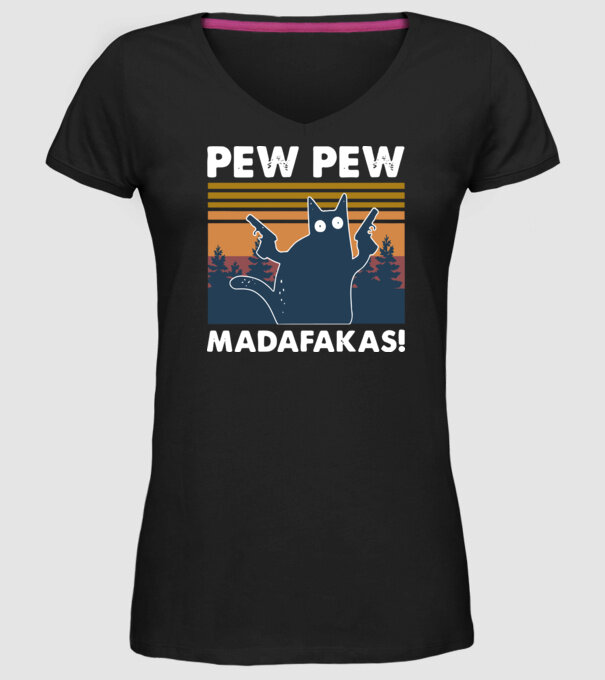 PEW PEW MADAFAKA sötét színre minta fekete pólón