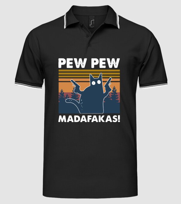 PEW PEW MADAFAKA sötét színre minta fekete pólón