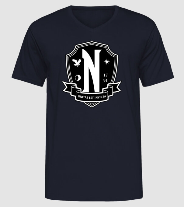 Wednesday Nevermore akadémia logo minta sötétkék pólón