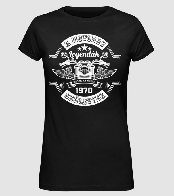Motoros legendák fehér 1970 minta fekete pólón