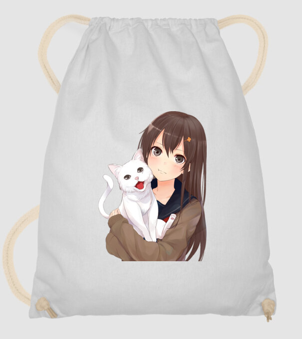 Anime lány macskával minta fehér pólón