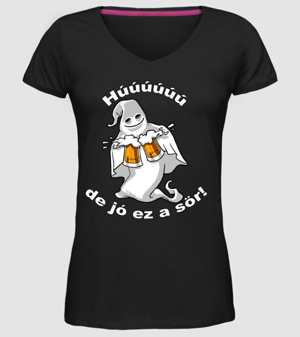 Szellem 2 korsó sörrel - ˝Húúú de jó ez a sör˝ - fehér minta fekete pólón