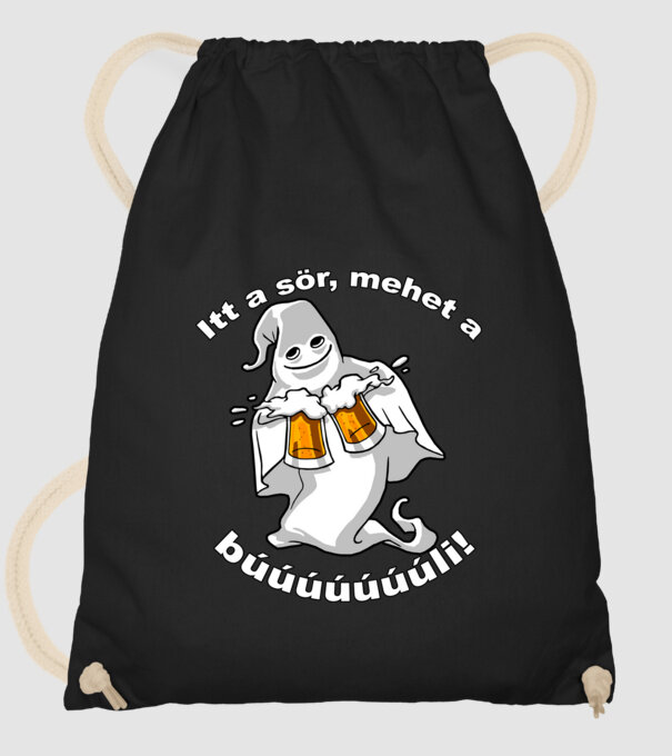 Szellem 2 korsó sörrel - ˝Itt a sör, mehet a búúúli˝ - fehér minta fekete pólón