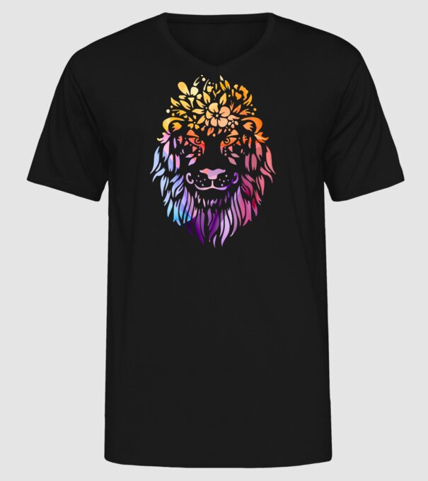 oroszlán színes minta fekete pólón