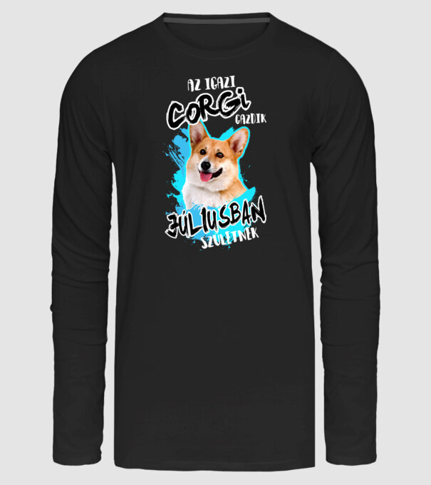 Corgi Július minta fekete pólón