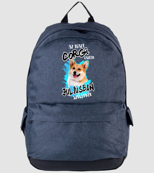 Corgi Július minta farmerkék pólón