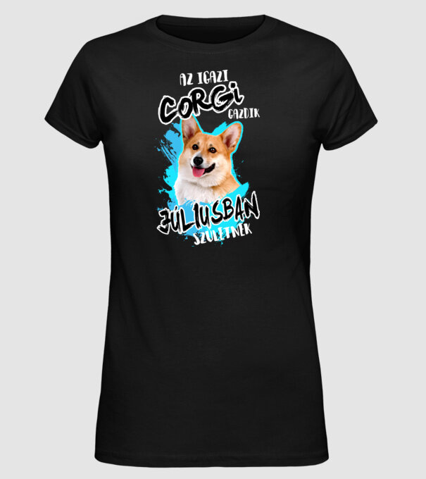Corgi Július minta fekete pólón