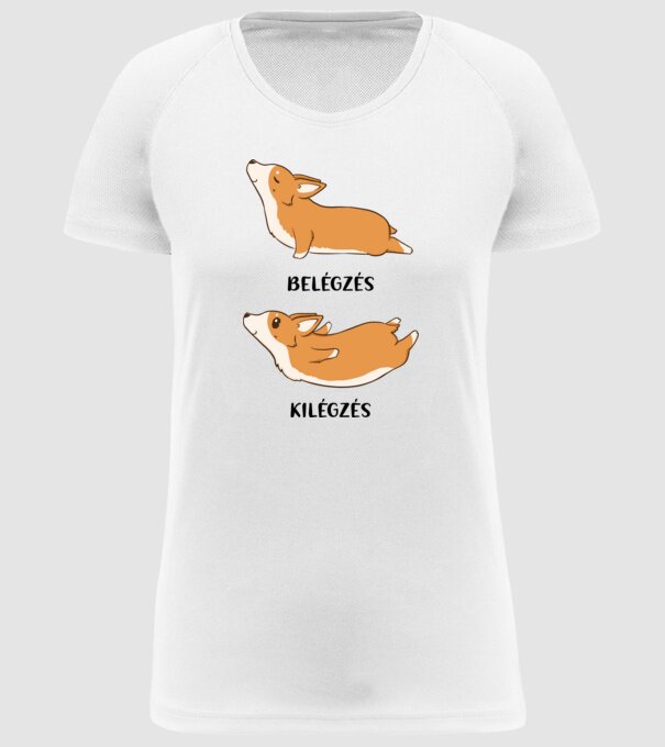 Corgi yoga - fekete betűvel minta fehér pólón