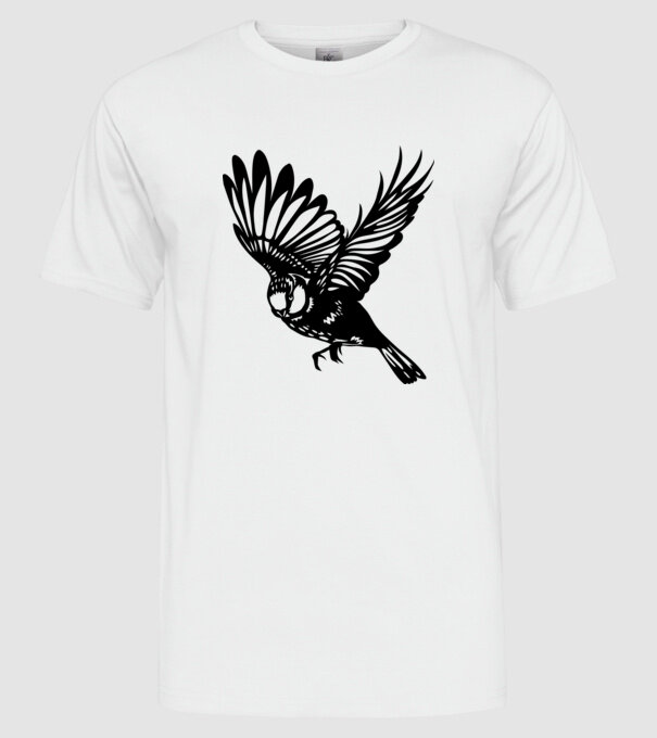 Repülő cinege madár - fekete minta fehér pólón