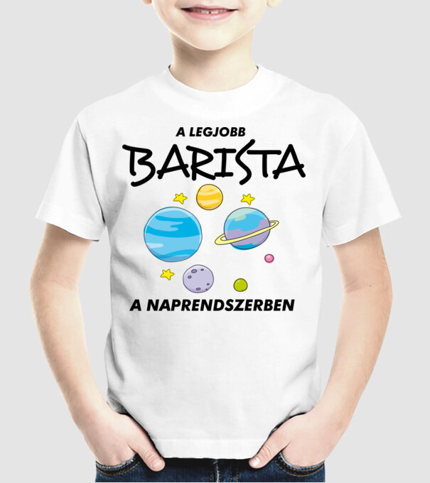 A legjobb BARISTA a naprendszerben minta fehér pólón