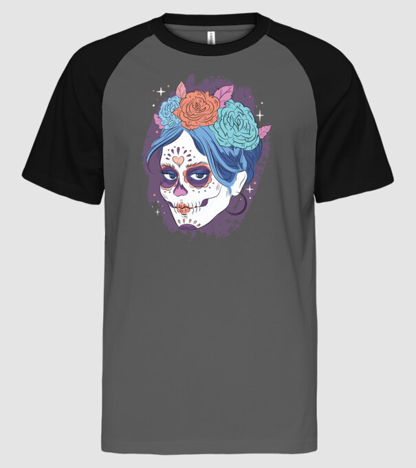 Dia de Los Muertos - Koponya virágokkal minta szürke/fekete pólón