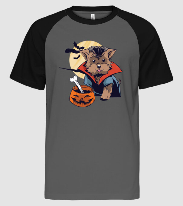 Vámpír Yorkie Halloween minta szürke/fekete pólón