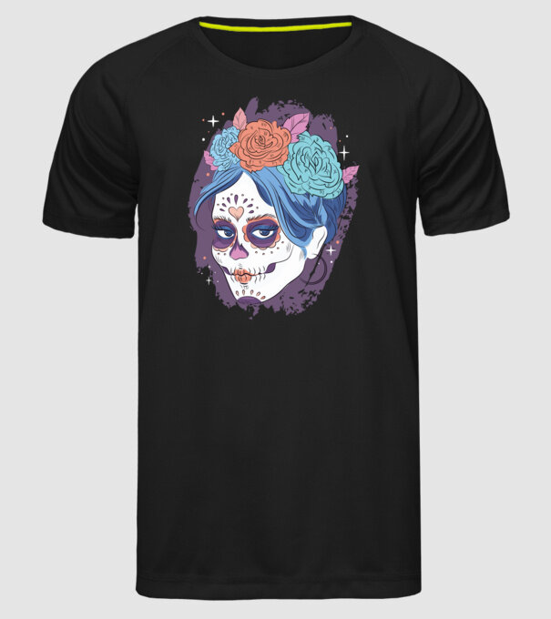 Dia de Los Muertos - Koponya virágokkal minta fekete pólón