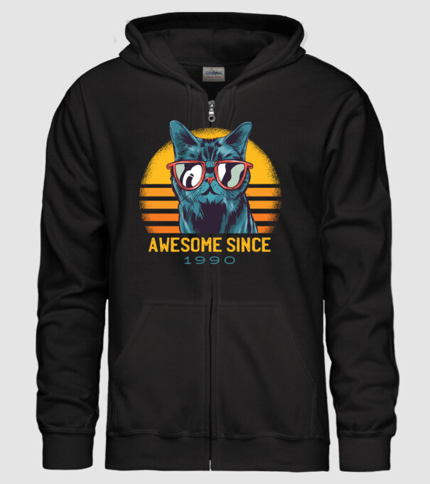 Awesome since 1990 Cat Cicás póló minta fekete pólón