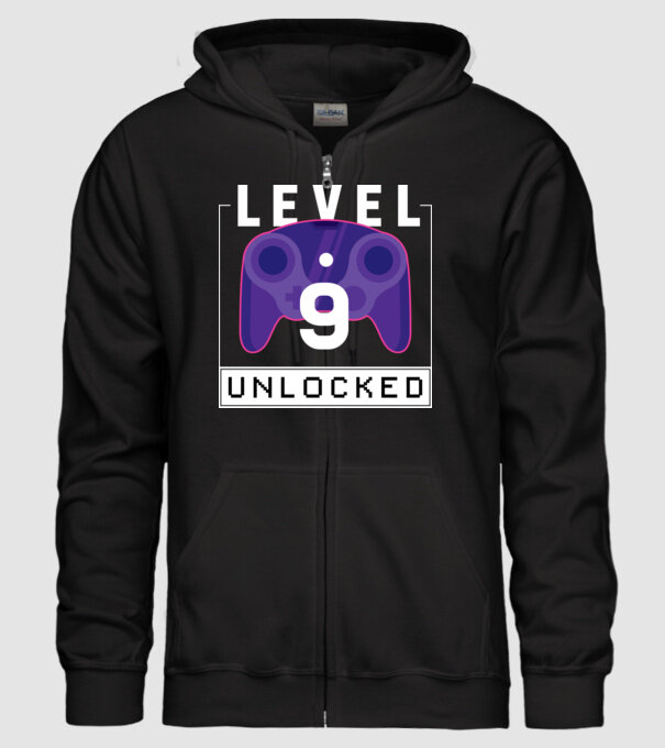 Level 9 Unlocked Gamer Születésnap minta fekete pólón