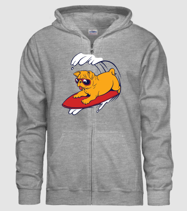 Mopsz Surf minta szürke pólón