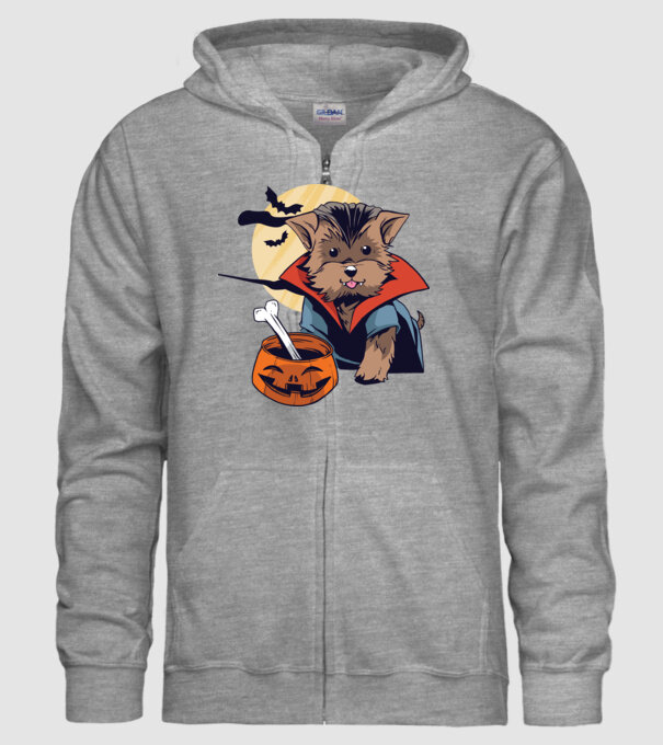 Vámpír Yorkie Halloween minta szürke pólón