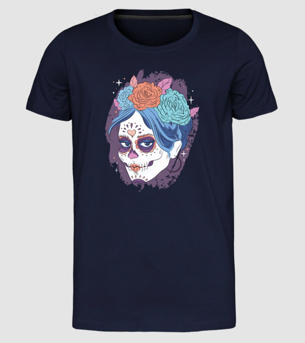 Dia de Los Muertos - Koponya virágokkal minta sötétkék pólón