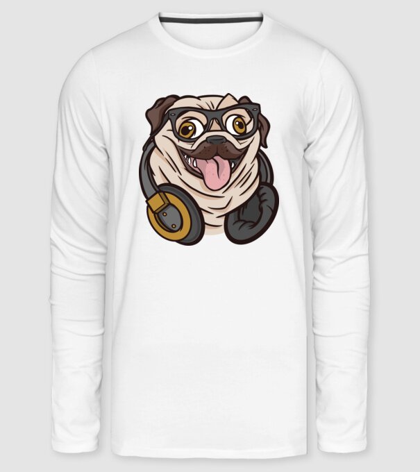 Mopsz Fejhallgatóval minta fehér pólón