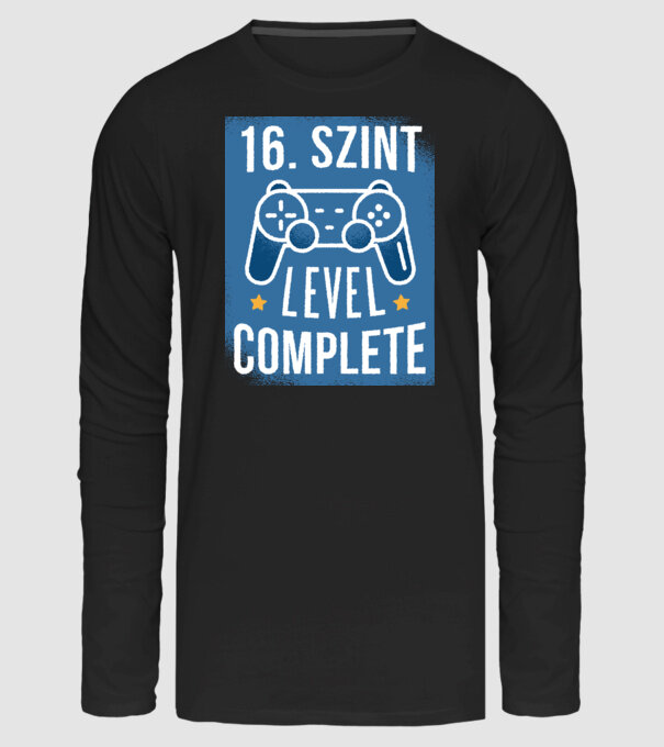 16. szint level completed minta fekete pólón