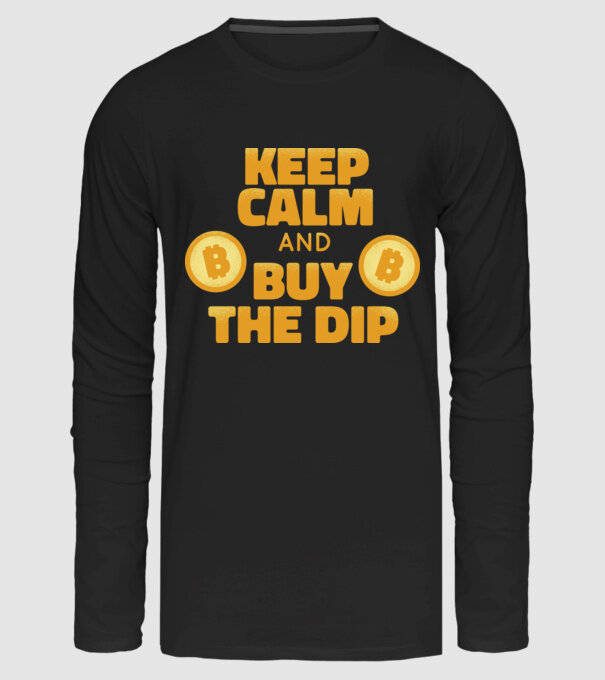 Keep calm and buy the dip Bitcoin minta fekete pólón