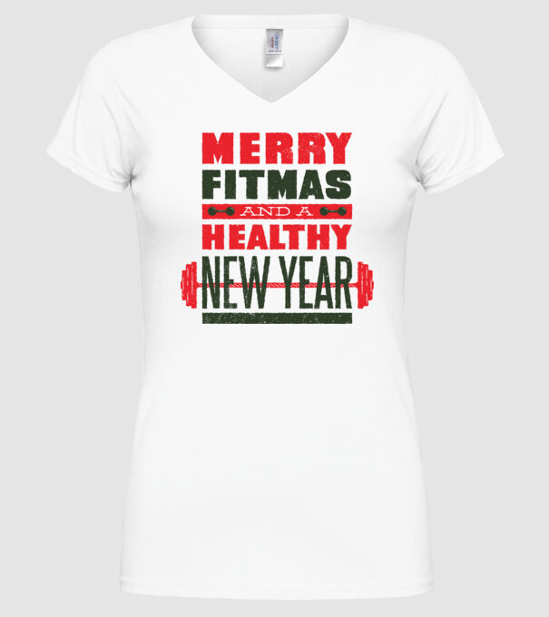 Merry Fitmas and a Healthy New Year vicces gyúrós póló minta fehér pólón