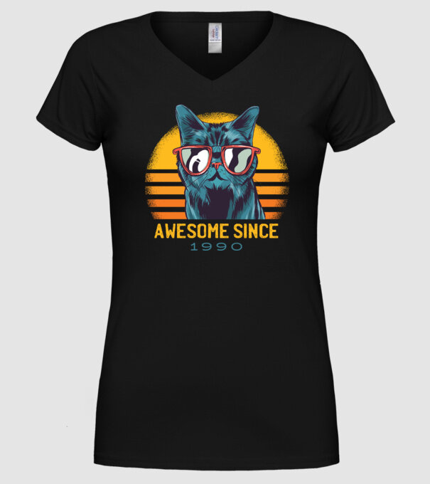 Awesome since 1990 Cat Cicás póló minta fekete pólón