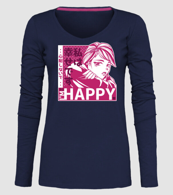 I'm happy antiszociális Anime Lány minta sötétkék pólón