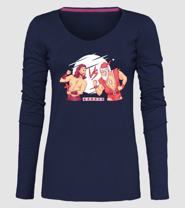 Jézus vs Mikulás Street Fighter vicces karácsonyi póló minta sötétkék pólón
