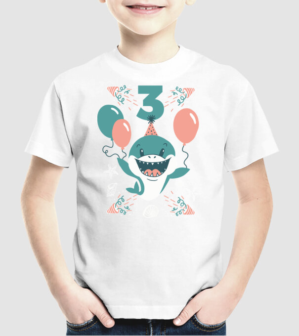 Birthday Shark 3 éves szülinapra cuki cápa minta fehér pólón